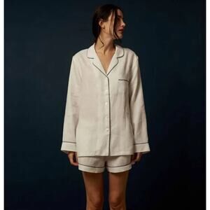PIGLET WHITE LINEN PAJAMA SHORT SET Size Large casual sleepwear comfort